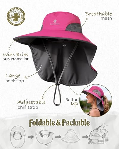 Camptrace Sun Hats for Women Men UPF 50+ UV Protection Wide Brim Hiking Fishing Hat with Neck Flap - color: 03-fuchsia