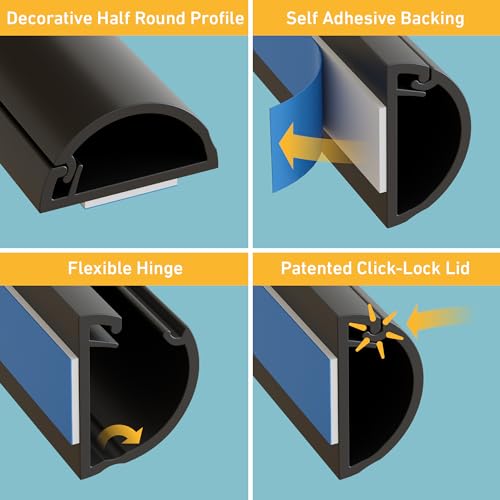 D-Line Half Round Cord Hider, Patented Cable Cover, Hide TV Wall Mount Wires, Raceway for Cords, Decorative Wire Covers, Paintable, Adhesive Cable Concealer, 1x 0.78in W x 0.39in H x 39in L, Black - color: Black, size: 0.78x0.39in - 1x 39in