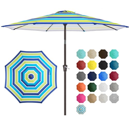 JEAREY 9' 2-Tiers Patio Umbrellas Outdoor Table Market Umbrella w/Push Button Tilt/Crank, 8 Sturdy Ribs, UV Protection Waterproof Sunproof(Blue Green Striped) - color: Blue Green Striped