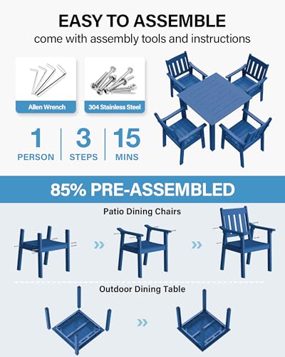YEFU HIPS Patio Table Set: 5 Piece Outdoor Square Table and Chairs with Metal Aluminum Frame - Blue Modern Plastic Patio Dining Furniture Set 4 Person for Outside Deck - color: Blue, size: 5 Piece（Square）
