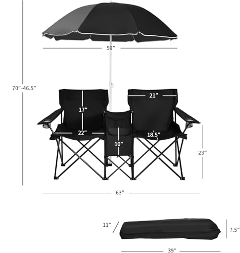 Goplus Double Camping Chair with Umbrella, Folding Loveseat Chairs w/Canopy Shade, Carrying Bag, Table, Cup Holder, Portable Beach Chairs Outdoor Picnic Patio (Black) - color: Black