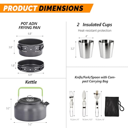 ROVSUN 34/10/6 pcs Camping Cookware Mess Kit, Lightweight Non-Stick Camping Cooking Pot and Pan Set with Stainless Steel Camping Gear Kettle Cup for Open Fire, Backpacking, Outdoor Cooking - style: 10 Pcs
