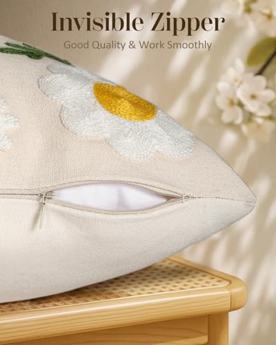 Embroidered Throw Pillow Cover 18x18 Inch - Spring Summer Boho Decorative Pillow Cover with Zipper for Living Room Couch Sofa Bed Aesthetic Design Flower Bee Cushion Pillowcase - color: Flower Bee, size: 18" x 18" (Pack of 1)