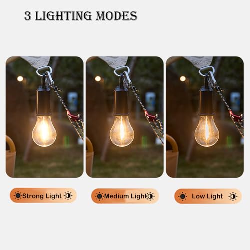 Solar Camping Lights Hanging Hooked Tent Lantern Outdoor USB Rechargeable Bulb Lamp with Clip Hook Keychain 3 Lighting Modes for Christmas Decorations Hiking Backpacking Warm Light 2 Pack