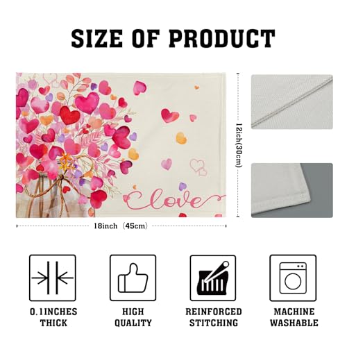 Vintage Love Placemat Set of 4, 12x18 Inch Red and Pink Hearts Eucalyptus Leaves Linen Washable Heat Resistant Table Mats for Wedding Anniversaries Holiday Dinner Party Decor - color: Love Hearts Leaves