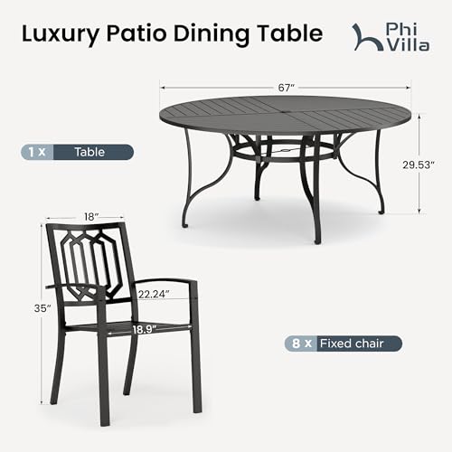 PHI VILLA 9 Pieces Outdoor Dining Set for 8, 67" Black Round Metal Table with Umbrella Hole & Stackable Wrought Iron Chairs, Large Outside Furniture Set for Patio, Deck, Yard, Porch - color: Hexagon Back Chair, size: 9PCS-67" Round Table
