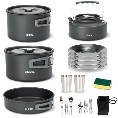 Alocs Camping Cookware Set - Lightweight Camping Pots and Pans - Portable Outdoor Cookware with Kettle - Camping Cookware Mess Kit for 2 - style: Ultimate Value Kit (17-piece)