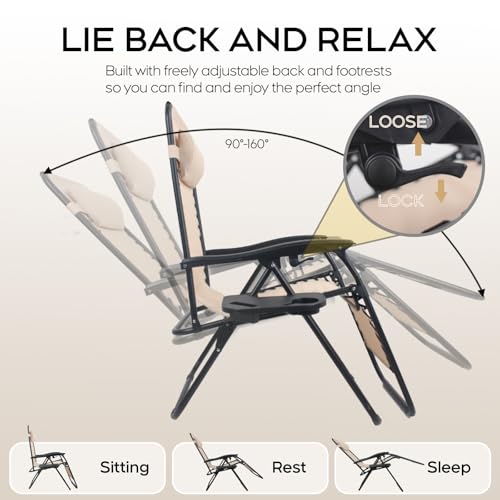 Set of 2 Adjustable Zero Gravity Lounge Chairs Outdoor Recliner w/Cup Holder Tray & Removable Pillows, Ergonomic Reclining Chair for Camping Patio Lawn Balcony (Beige-Brown) - color: Beige-brown