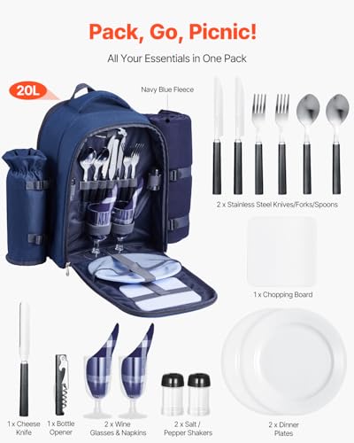 VEVOR Picnic Backpack, Beach Picnic Backpack Bag for 2 Person with Insulated Cooler Compartment, Detachable Bottle/Wine Holder, Lightweight Blanket, Plates & Cutlery Set for Hiking, Camping, Navy Blue - size: single layer for 2 & blue