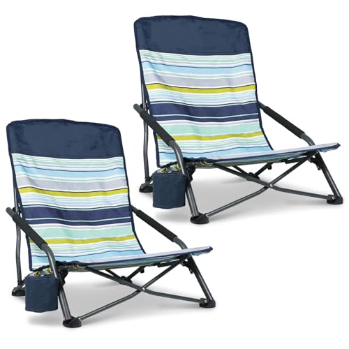 Portable Folding Beach Chair for Adults Set of 2- Lightweight Low Back Sling Chair, 300lbs Capacity Camping Chair for Outdoor, Lawn, Concert, Travel (Orange-Colour Striped) - color: Orange-colour Striped, size: 2 pcs