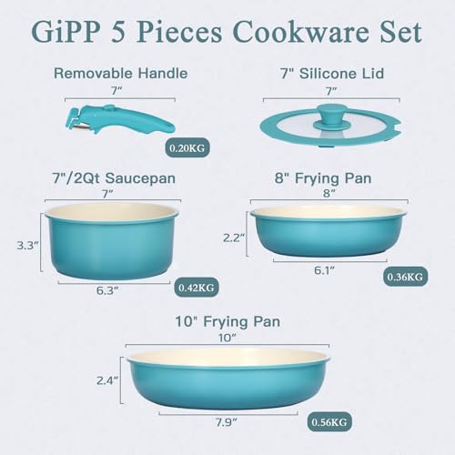 GIPP 5pcs Pots and Pans Set Non Stick, Nonstick Cookware Set Detachable Handle, Ceramic Pots for Cooking Non Stick with Removable Handle, RV Cookware Set for All Stoves, Light Blue Gradient - color: Light Blue Gradient, size: 5PCS