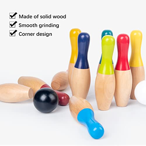 Wooden Bowling Game, Garden Game Set with 10 Pins 3 Balls and Mesh Bag for Kids Adults, Indoor Outdoor Lawn Backyard Activity