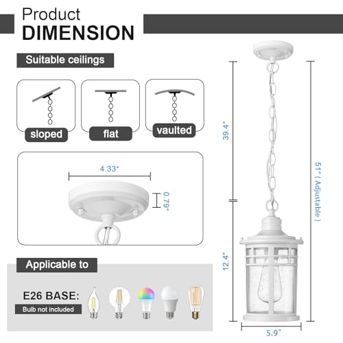 Darkaway Outdoor Pendant Lights for Porch, Outdoor Chandelier Hanging Porch Lights Ceiling Mount Aluminum with Seeded Glass for Front Porch Gazebo Patio (Medium, White) - color: White, size: Medium Size