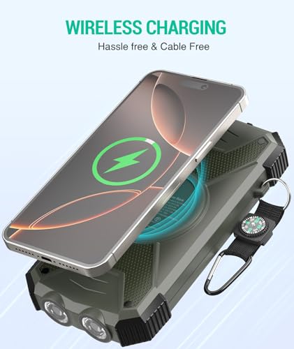 BLAVOR Solar Power Bank 10,000mAh, Portable Wireless Charger, 20W Fast Charging External Battery Pack with USB C for Cell Phones, Solar Panel Charging with Dual Flashlight for Camping - color: Olive Green