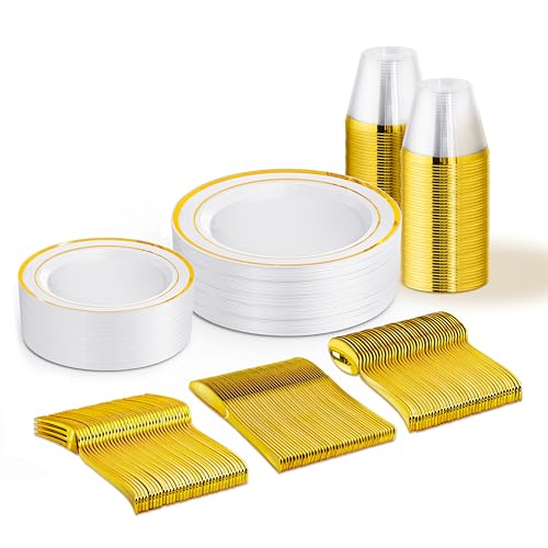 150 PCS Gold Disposable Dinnerware Set for 25 Guests, Gold and White Plastic Plates for Party, 25 Dinner & Salad Plates, 25 Cups, 25 Forks Knives Spoons for Wedding and Party Supplies - color: Gold, size: 25 Guests