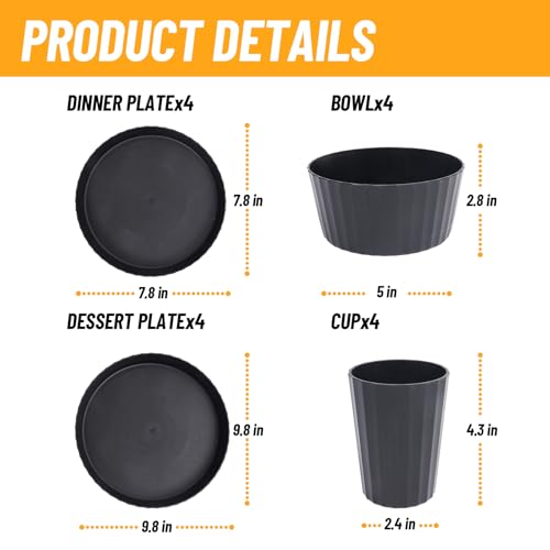 24Pcs Kitchen Plastic Wheat Straw Dinnerware Set,Dinnerware Sets for 6,Microwave Dishwasher Safe Plates