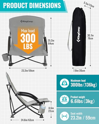 KingCamp Low Beach Chair, High Back Folding Camping Chair for Adults, Oversized Breathable Mesh Seat, 300lbs Heavy Duty Portable Chair with Cup Holder & Storage Pockets for Beach, Outdoor - color: Ergosolid C Grey 2pcs