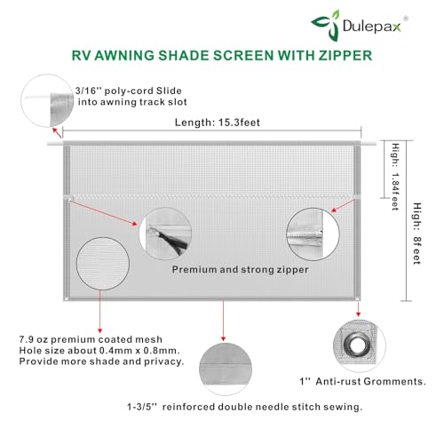 Dulepax RV Awning Shade Screen with Zipper 8'X15'3'' -Second Generation RV Awning Screen Significantly Improves Shadew and Privacy.Universal RV Awning Sun Shade Screen with Complete Kits - color: Beige, size: 8'X15'3" Shade Screen for 16 ft Awning