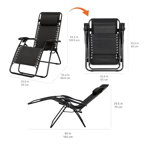 Amazon Basics Outdoor Patio Zero Gravity Portable Folding Reclining Lounge Chair with Padded Headrest Pillow, Weather Resistant Textilene, 26", Black - color: Black