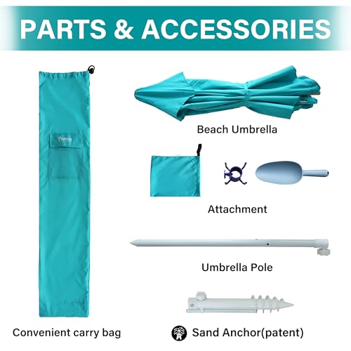 AMMSUN 8ft Large Beach Umbrellas for Sand Heavy Huty Wind Portable Commercial Grade Patio Beach Umbrella with Sand Anchor Adjustable Height Air Vent UPF 50+ Telescoping Pole without tilt Teal - color: Teal