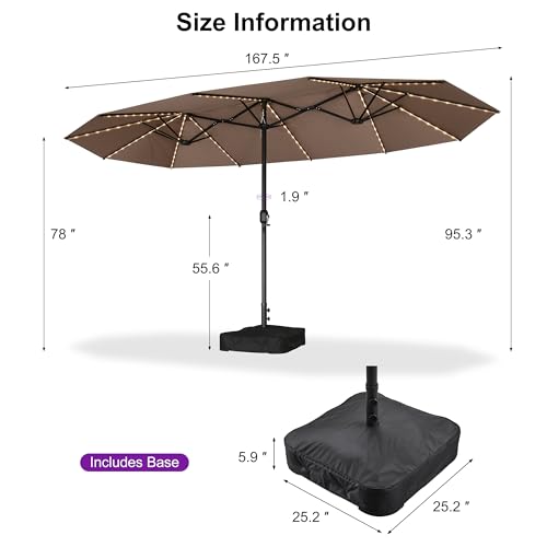 PURPLE LEAF 14ft Patio Market Umbrella with Solar LED and Base Double-Sided Rectangle Outdoor Table Sun Umbrellas with Crank for Pool Beach Deck Backyard Taupe - color: Taupe, size: 14' X 8' with Lights