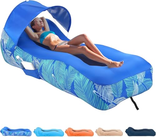 Inflatable Lounger with Detachable Sunshade — Portable Inflatable Sofa — Waterproof Beach Bed & Camping Chair (Ideal for Music Festivals, Hiking,) — Leak-Proof 210T Polyester Material (Blue) - color: Blue