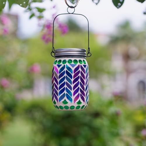 Stargarden Mosaic Solar Lantern ,Waterproof Outdoor Hanging Jar Lights, Mosaic Lights Solar Garden Decor for Patio Pathway Yard - color: Colorful Leaf