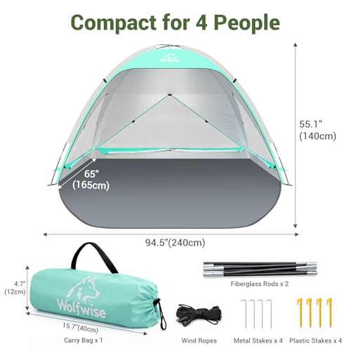 Wolfwise Large Beach Tent Sun Shelter for 3-4 Person, Spacious Sun Shade UPF 50+ UV Protection, Extendable Floor for Privacy, 3 Ventilated Mesh Windows, Carrying Bag, 95 ″x65″x55″,Mint Green - color: Mint Green