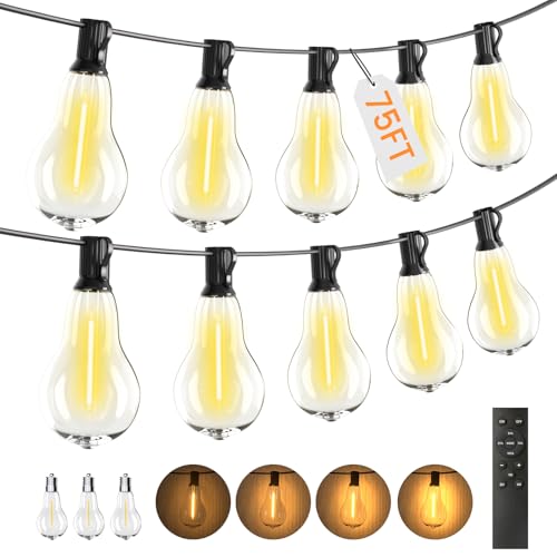 String Lights for Outside,75FT Patio Lights with 50+3 Bulbs(1.5FT Bulbs Spacing), outdoor string lights, Remote & Dimmer, 3 Mode Light & Timing, 50PC Mounting Ties for Outside, 2200K(Black) - color: Black, size: Remote Control Model -75ft-50t