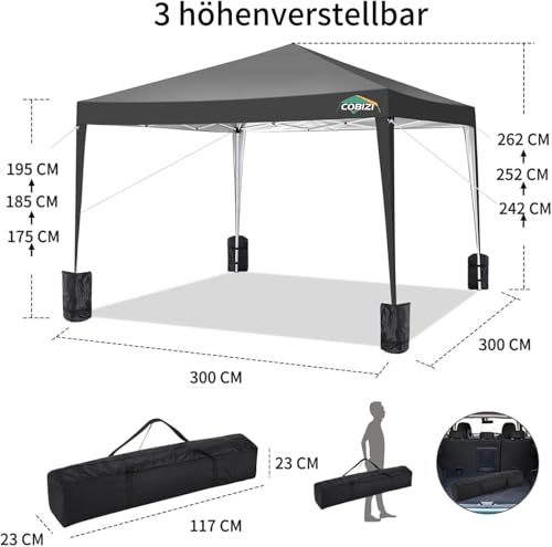 COBIZI 10x10 Pop Up Canopy Tent with 4 Sandbags, Easy Set Up Gazebo, Instant Outdoor Sun Shade &Waterproof Canopy with 8 Stakes,4 Ropes&Carry Bag, Tents for Parties, Beach, Backyard,Camping(Black - color: Black, size: 10x10FT without sidewall