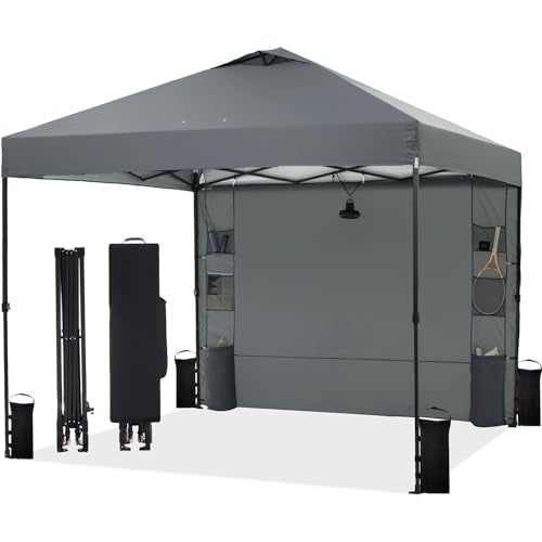 Tunbne 10'x10' Pop Up Canopy Tent with 1 Sidewall and 6 Pockets, One Push Setup, Instant Shade Tent with Vented Roof for Beach Patio Outdoor, Case, 8 Stakes, 4 Ropes, 4 Sandbags (Gray, 10x10) - color: Gray, size: 10x10