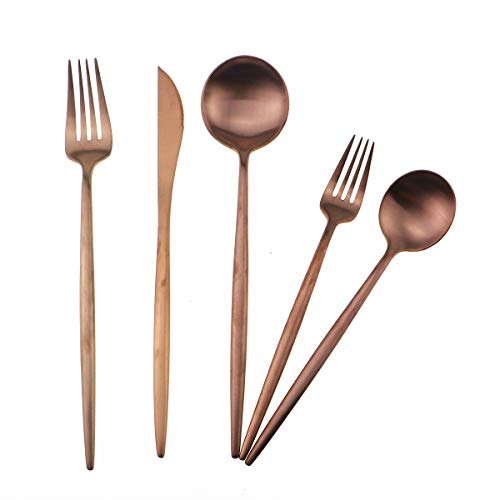 Matte Rose Gold Silverware Set,Gugrida 5-Piece 18/10 Stainless Steel Satin Finish Flatware Set,Kitchen Utensil Set,Tableware Travel Cutlery Set for Camping Office or School Lunch, Dishwasher Safe - color: Rose Gold, size: Service for 1