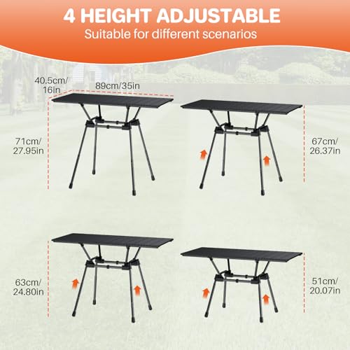 FUNYKICH 3ft Aluminum Roll Up Camping Table(L35''xW16''), 4 Height Adjustable Ultralight Folding Camp Table Up to 28'', Portable Tables with Carry Bag for Camping, Picnic, BBQ, Party, Backyard, Beach - size: Aluminium tabletop-35''x16''x(28/24.8/26.4/20''
