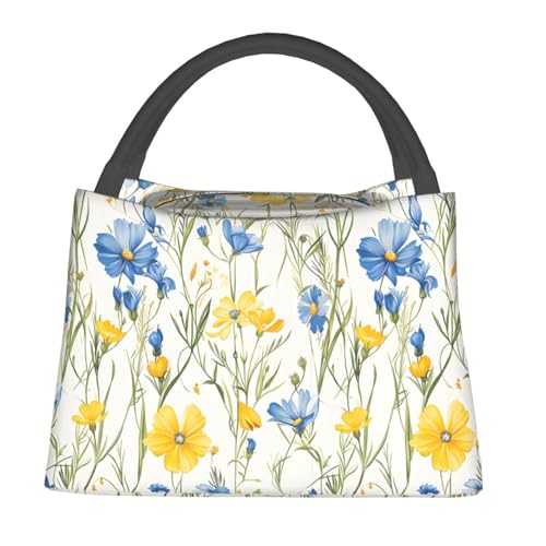 Wildflower Reusable Lunch Box,Vibrant Yellow Blue Floral Lunchbox for Girls Women Flower Lovers,Insulated Lunchbag,11in*6.3in*6.7in,Gifts Makeup Bag,Portable Handbag for Picnic Work Travel - color: Wildflower