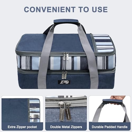 Double Decker Insulated Casserole Carrier, Expandable Thermal Food Warmer Bag Fits 9x13 Dish, Leak-Proof Potluck Lasagna Holder with Utensil Pocket for Picnic Party Cookout (Blue) - color: Blue