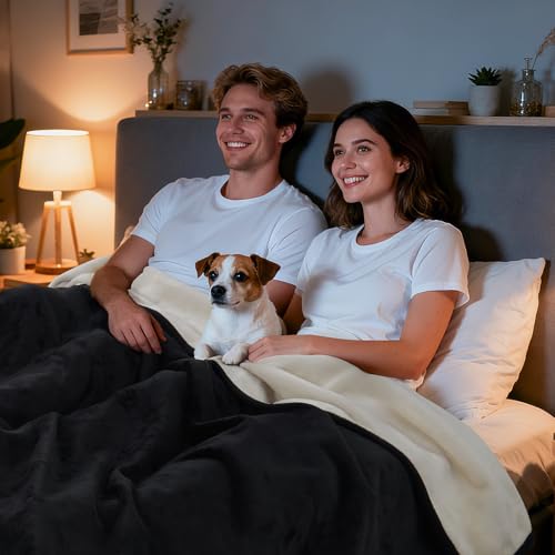 LOOBANI Waterproof Dog Blanket for Bed: Liquid Pee Proof Pet Blankets for Medium Large Dogs Washable, 80" x 90", Black & Beige - color: Black+beige, size: 80" x 90"