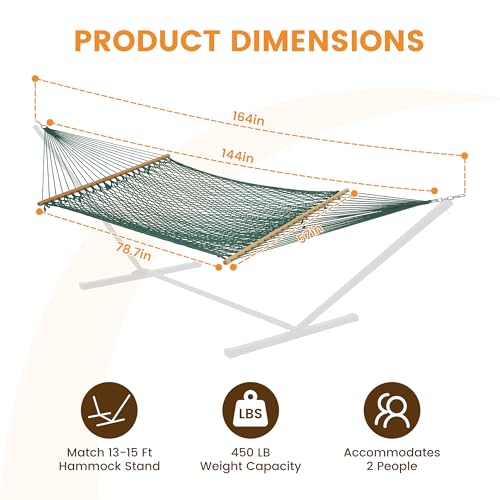 Lazy Daze Hammocks 12FT Double Rope Hammocks, 2 Person Hand Woven Cotton Hammock with Spreader Bar for Outside, Patio, Poolside, FIT 13-15 FT Stand, Max 450 Lbs, Green, 141 x 57 inches - color: Green