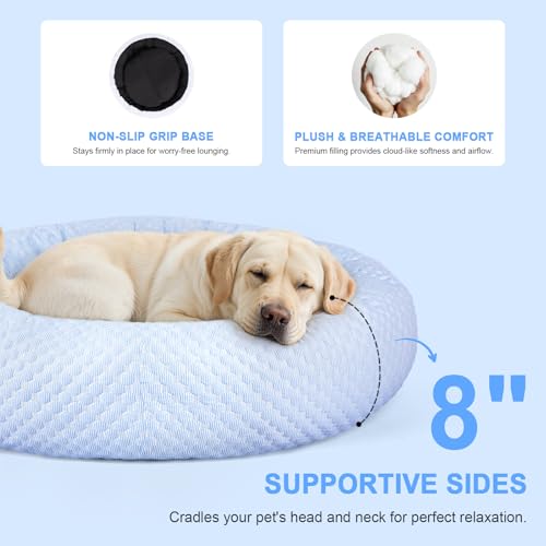 Donut Dog Bed for Large Dogs - Cooling Pet Bed with Removable Cover, Breathable Ice Fabric Summer Pet Beds for Medium & Big Dogs, Egg Tart Design (L) - color: Blue Donut, size: Large