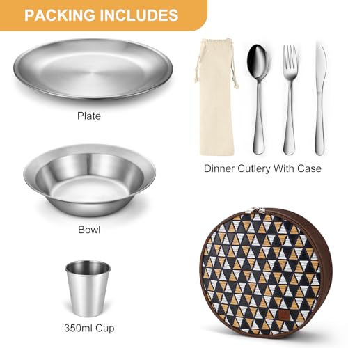 Odoland Stainless Steel Camping Mess Kit for Family & Person, Cooking Tableware Utensils with Plates Bowls Forks Spoons Knives & Savings Bag for Camping, Backpacking, Hiking, Picnic - style: 1 Person Set