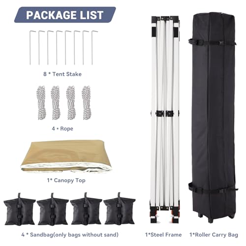 10 x 10 Pop Up Canopy, All Season Instant Canopy with 2 Sidewalls and Vented Roof, Portable Party Tent with Wheeled Carry Bag and Sandbag for Camping, Picnic, Party, Khaki - color: Khaki, size: 2 Side Walls