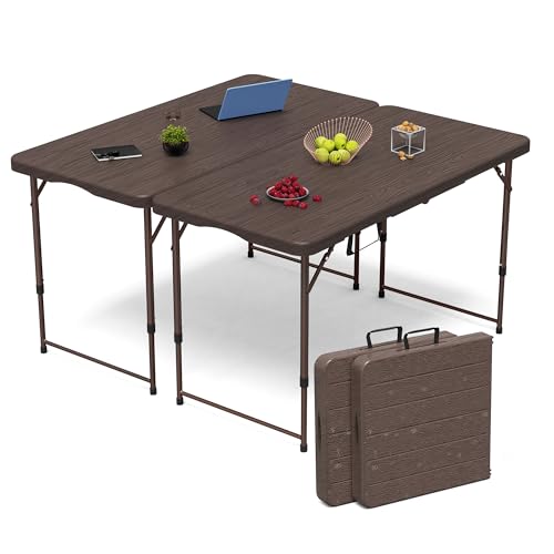 VSOAEIL Set of 2 Folding Table 4 Foot for Indoor Outdoor, Portable Heavy Duty Fold-in-Half Utility Small Plastic Adjustable Height Folding with Carrying Handle for Picnic and Party, 2 Pack Brown - color: Brown, size: 4 Ft - 2 Pack