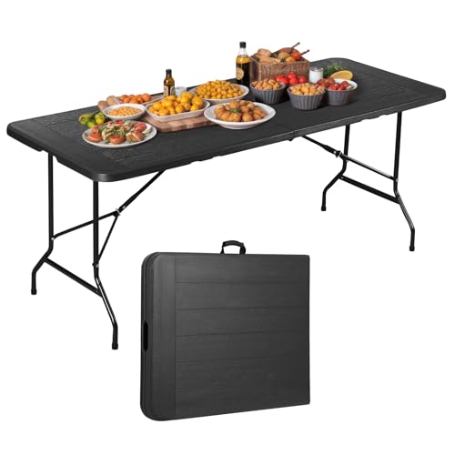 JupiterForce 6ft Plastic Folding Table, Indoor Outdoor Portable Heavy Duty Foldable Camping Table, Fold-in-Half Utility Table Dining Picnic Table for Party Wedding Event, Black - color: Black, size: 6FT
