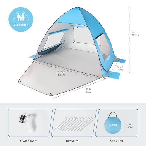 TOBTOS UPF 50+ Pop Up Beach Tent, Easy Set Up Beach Umbrella, Sun Shelter for 2-3 People UV Protection Portable Sunshade, Baby Canopy Cabana, Lightweight with Carry Bag - style: Blue for 2-3 Person