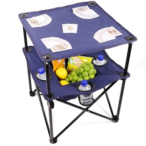 Portable Folding Camping Table with Cup Holders – Lightweight & Compact 2-Tier Outdoor Table with Storage, Ideal for Card Games, Snacks, Picnic, Tailgating & Camping (Navy Blue)