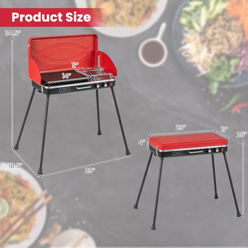 HAPPYGRILL Portable Camping Stove, 2-Burner Propane Grill Cooker with Removable Leg Stand, Roast Grill, Dual Control Knobs, Wind Guards, Outdoor Gas Grill for Camping BBQ Picnic, Red - color: Red