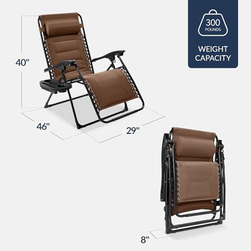 Best Choice Products Oversized Padded Zero Gravity Chair, Folding Outdoor Patio Recliner, XL Anti Gravity Lounger for Backyard w/Headrest, Cup Holder, Side Tray, Polyester Mesh - Dark Brown - color: Dark Brown