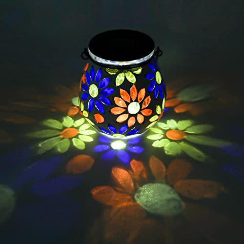 Afirst Mosaic Solar Lanterns Outdoor - Glass Hanging Solar Lights Hollow Out Waterproof Table Lamp Outdoor Decorative for Garden, Patio, Holiday Party Outdoor Decoration - style: Daisy