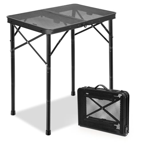 E EASTSTORM Folding Grill Table for Outside, 3 Height Adjustable,Small Camping Table with Black Metal Mesh, Portable Outdoor Table for Picnic BBQ, Garden, Patio, Tailgate & Travel - color: Black
