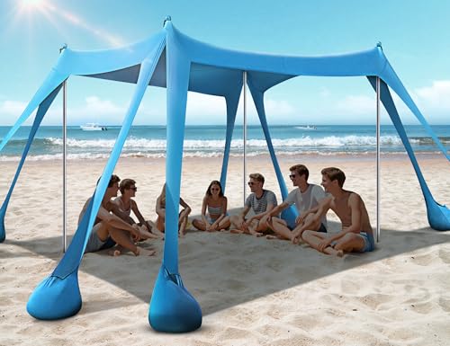 Rengue Beach Tent, Beach Canopy UPF50+ UV Protection, 10x10ft Beach Shade Sun Shelter with 8 Sandbags, Sand Shovels, Ground Pegs, Stability Poles for Camping, Fishing, Picnics, Backyard Fun, Sky Blue - color: Sky Blue