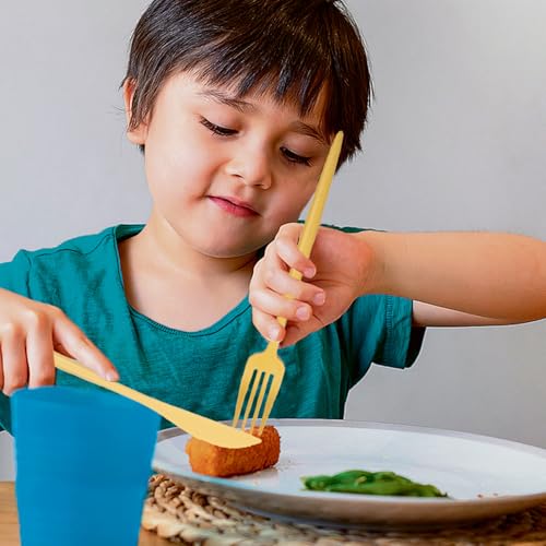 Reusable Travel Utensils Set with Case, Wheat Straw Portable Plastic Fork Spoon Knife Chopsticks Camping Cutlery, Eco-Friendly BPA Free Tableware Picnic Flatware for Kids Adults or Daily Use (Yellow)